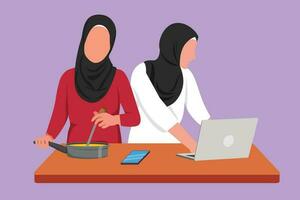Karikatur eben Stil Zeichnung zwei arabisch Frau Kochen Abendessen hat Video Anruf Konversation im Küche und reden mit Freund mit Anwendung auf Laptop. Spaß Kochen. Grafik Design Vektor Illustration