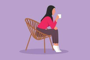 Grafik eben Design Zeichnung Seite Aussicht von entspannt arabisch Mädchen Sitzung im Salon Stuhl, Aufpassen Fernseher mit heiß Kaffee beim heim. Tee Zeit oder nehmen brechen nach Büro Stunde. Karikatur Stil Vektor Illustration