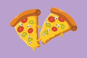 Charakter eben Zeichnung zwei Italienisch Pizza Logo Etikett. Emblem schnell Essen Pizzeria Restaurant Konzept zum Cafe, Geschäft oder Essen Lieferung Service. köstlich Mahlzeit zum Mittagessen. Karikatur Design Vektor Illustration