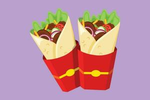 grafisk platt design teckning två färsk utsökt shawarma uppkopplad restaurang logotyp emblem. utsökt arabicum rulla med kött, sallad, tomat. kebab med kyckling och lök. tecknad serie stil vektor illustration