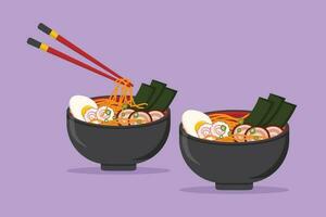 Karikatur eben Stil Zeichnung frisch köstlich japanisch Ramen Restaurant Logo Emblem. schnell Essen Japan Nudel Cafe Geschäft Symbol Vorlage Konzept zum Essen Lieferung Service. Grafik Design Vektor Illustration