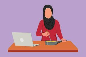 Grafik eben Design Zeichnung arabisch Frau Kochen köstlich Mahlzeit zum Abendessen und hat Video Anruf Konversation im Küche. weiblich reden mit Freund mit Laptop App. Karikatur Stil Vektor Illustration