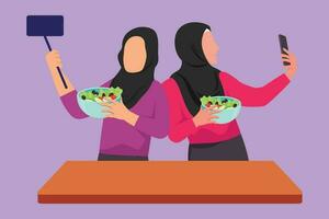 grafisk platt design teckning två arab kvinna tar selfie eller framställning video ring upp använder sig av henne smartphone medan matlagning färsk sallad. vänner förbereda friska mat för middag. tecknad serie stil vektor illustration