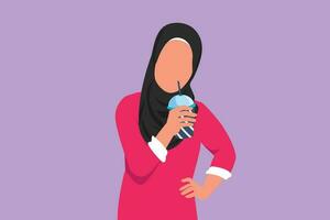 Charakter eben Zeichnung Porträt von arabisch weiblich Trinken Orange Saft von Plastik Tasse mit einer Hand auf das Taille. fühlt sich durstig und erfrischend im Sommer- Jahreszeit. Karikatur Design Vektor Illustration