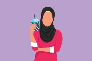 grafisk platt design teckning arab kvinna innehav glas av orange juice med ett hand vikta. attraktiv kvinna känner törstig och Prova till uppfriskande i sommar säsong. tecknad serie stil vektor illustration