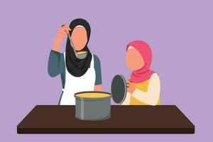 grafisk platt design teckning arab liten dotter innehav panorera lock och skön mamma provsmakning mat eller soppa använder sig av grönsaker sked. matlagning tillsammans i kök på Hem. tecknad serie stil vektor illustration