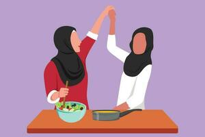 Charakter eben Zeichnung zwei Schönheit arabisch Frau Singen und Tanzen mit frisch Salat auf Schüssel, braten schwenken und Spatel im Hand während Kochen zusammen im Küche beim heim. Karikatur Design Vektor Illustration