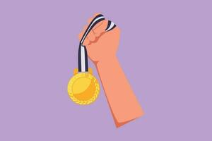 tecknad serie platt stil teckning av guld medalj hölls förbi ett hand. idrottare hand lyft seger medalj. vinnande mästerskap, tändstickor, sporter tävlingar. bäst prestation. grafisk design vektor illustration