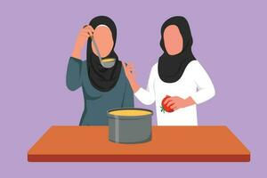 karaktär platt teckning två arab kvinna blandning tomat sås, provsmakning, och njuta av måltid med trä- spatel. vänner förbereda middag mat på mysigt kök. roligt matlagning. tecknad serie design vektor illustration