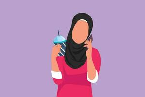 Grafik eben Design Zeichnung Schönheit arabisch Frau Trinken Orange Saft während Herstellung Telefon Anruf mit Smartphone und haben Frühstück beim heim. Morgen Routine Vor arbeiten. Karikatur Stil Vektor Illustration