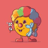 ein Emoji Charakter gekleidet wie ein Clown halten ein Ballon Vektor Illustration. lustig, fantasievoll, und Teilen Design Konzepte.