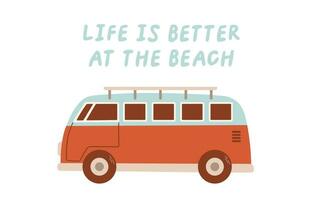Leben ist besser beim das Strand. retro Reise Auto. perfekt zum T-Shirt Design, Aufkleber, usw. Vektor Illustration