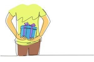 einzelne durchgehende strichzeichnung mann überrascht seine freundin mit einem geschenk, einer romantischen überraschung. geburtstagsgeschenke karton mit schleife. dynamische einzeilige abgehobene betragsgrafikdesign-vektorillustration vektor