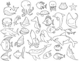 uppsättning av ritad för hand klotter illustrationer av djur- undervattenskablar vektor