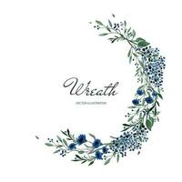 Kranz von Aquarell Sommer- Blau Blumen und Grün Blätter. Vektor Illustration zum Hochzeit Einladungen, Geschäft Karten, Postkarten