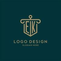 ek monogram första logotyp design med skydda och pelare form stil vektor