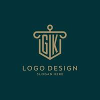 gk monogram första logotyp design med skydda och pelare form stil vektor