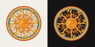 kreisförmig Etikette mit Sonne, ying Yang Symbol, Regenbogen, Text. Konzept von Harmonie und Gleichgewicht. groovig, Hippie Stil. zum Kleidung, Kleidung, T-Shirts, Oberfläche Dekoration vektor