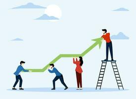 Arbeit zusammen oder Arbeiten zusammen zu verbessern Effizienz Konzept, Mannschaft Wachstum, Mannschaft Arbeit zu Hilfe verbessern Arbeit und leisten Erfolg, Hilfe Geschäft Menschen drücken Grün Graph und oben Pfeil Grafik. vektor