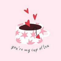 Hand gezeichnet Tasse von Tee mit Herzen, süß Valentinstag Tag Gruß Karte - - eben Vektor Illustration. du bist meine Tasse von Tee Inschrift. Liebe und Romantik.