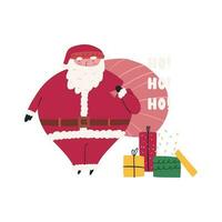 komisch Santa claus mit Tasche und Geschenk Kisten, Karikatur eben Vektor Illustration isoliert auf Weiß Hintergrund. Weihnachten Gruß Karte. süß Winter Charakter.