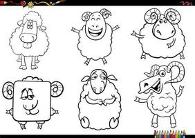 Karikatur Schaf Bauernhof Tier Zeichen einstellen Färbung Seite vektor