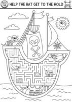 pirat svart och vit labyrint för barn med marin landskap och fartyg interiör. skatt jaga förskola tryckbar aktivitet. hav äventyr färg labyrint spel eller pussel. hjälp råtta skaffa sig till håll vektor