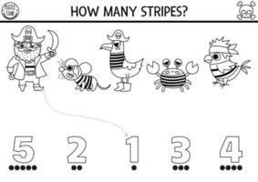 svart och vit match de tal pirat spel med djur i randig skjortor. skatt ö jaga matematik linje aktivitet för förskola ungar. hav äventyr tryckbar räkning färg sida vektor