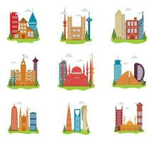 vektor illustrationer av platt stil tecknad serie arkitektur med annorlunda typer av byggnader uppsättning