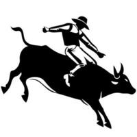 Cowboy Mann Reiten ein Stier beim ein Rodeo Stier Reiten schwarz und Weiß Silhouette vektor