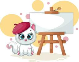 söt konstnär kattunge med staffli och måla borsta vektor