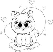 färg sida. tecknad serie kattunge med söt bågar och hjärtan vektor