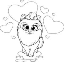 färg sida. tecknad serie söt hund, pomeranian spets med hjärtan vektor