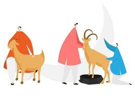 Illustration von Muslim Männer opfern Tiere Ziege zum islamisch Festival von eid-al- adha Konzept. vektor