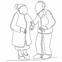 gammal par i kontinuerlig linje konst teckning stil. senior man och kvinna gående tillsammans innehav händer. svart minimalistisk linjär skiss isolerat på en vit bakgrund. vektor illustration