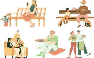 människor Sammanträde på bänk och dricka kaffe eller te. platt vektor illustration.