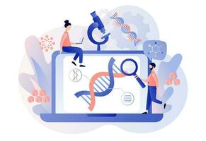 bioteknik. mycket liten människor studie dna använda sig av mikroskop och bärbar dator. vetenskap, laboratorium forskning, genetisk testning, kemisk, gmo, bioteknik och organism. modern platt tecknad serie stil. vektor