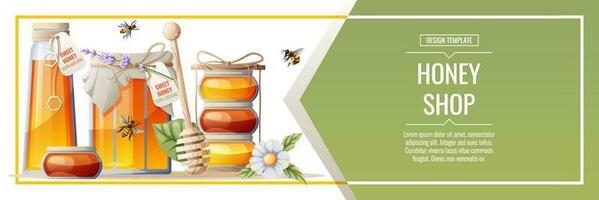 Banner Vorlage mit Honig Produkte. Honig shop.illustration von ein Krug von Honig, Waben, Bienen, Blumen. Design zum Etikett, Flyer, Poster, Werbung. vektor