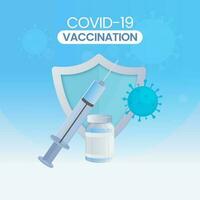 covid-19 Impfung Konzept mit Impfstoff Flasche, Spritze Injektion, Sicherheit Schild auf Weiß und Blau Hintergrund. vektor
