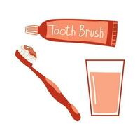 Zahn Bürste und Zahn Einfügen mit Glas von Wasser. Zähne Bürsten einstellen zum Kinder. Vektor Hand gezeichnet Illustration.
