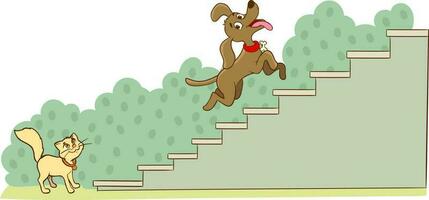 Katze und Hund Klettern Treppe Karikatur Vektor