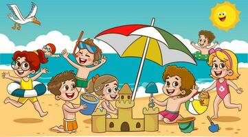 Kinder Kinder Sonnenbaden schwimmen im das Meer beim Sommer- Kinder- Lager auf Meer Strand Ufer. wenig Junge sind spielen mit Ball. das Kinder auf das Strand sind Gebäude ein Sand Schloss. vektor
