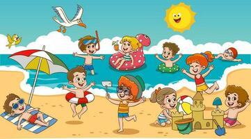 Kinder Kinder Sonnenbaden schwimmen im das Meer beim Sommer- Kinder- Lager auf Meer Strand Ufer. wenig Junge sind spielen mit Ball. das Kinder auf das Strand sind Gebäude ein Sand Schloss. vektor