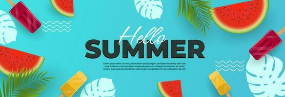Hallo Sommer. Banner Hintergrund mit Wassermelone und Eis Creme. Sommer- tropisch Design vektor