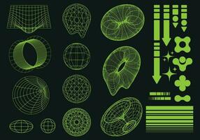retro trogen 2000 stil uppsättning i syra färger. overkligt geometrisk former, munkar, stjärnor, mönster, perspektiv rutnät. vektor