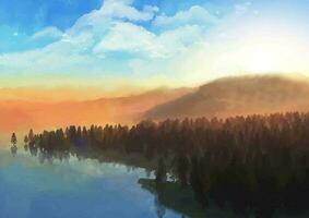 hand målad bakgrund av ett abstrakt solnedgång träd och kullar landskap vektor
