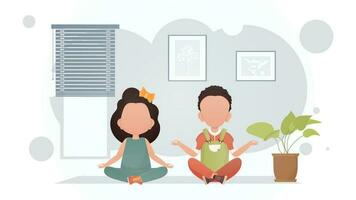 ein wenig Junge und ein süß Mädchen sind tun Yoga im das Lotus Position im das Zimmer. Yoga. Karikatur Stil. vektor