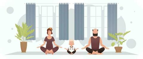 ein Mann und Ehefrau mit ein bezaubernd Baby meditieren im das Lotus Position im das Zimmer. Yoga. Karikatur Stil. vektor