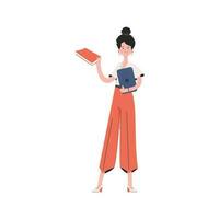 ein Frau steht im voll Wachstum mit ein Buch. isoliert. Element zum Präsentationen, Websites. vektor