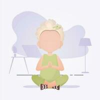 wenig Mädchen sitzt im das Lotus Position. Kinder- Meditation. Vektor Illustration im Karikatur Stil.